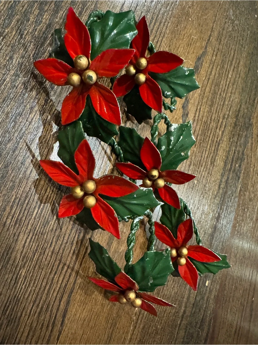 Vintage Christmas Napkin Rings Holiday Poinsettia Hair - Red & Green - Metal
